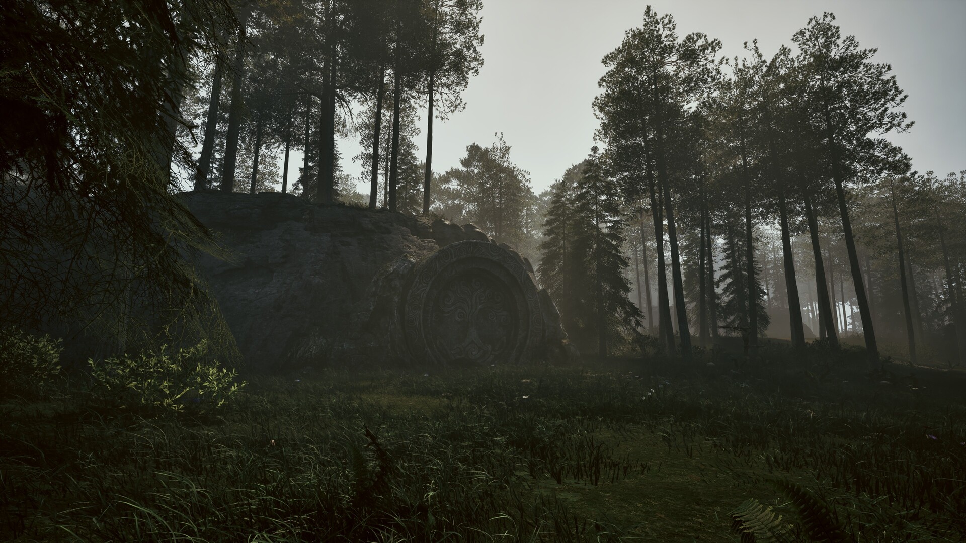 Carved stone kynnys monolith with runic tree-of-life pattern standing in a misty forest clearing.