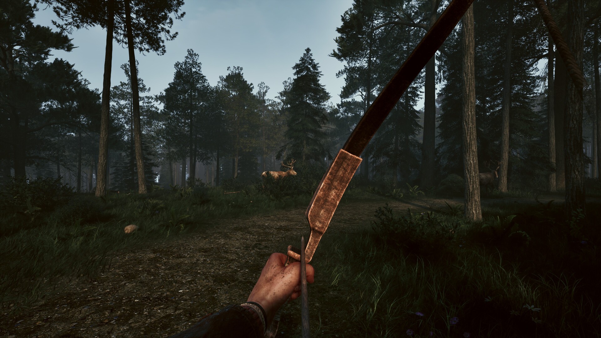 First-person view drawing a wooden bow, with an arrow nocked and deer visible in the misty forest ahead.