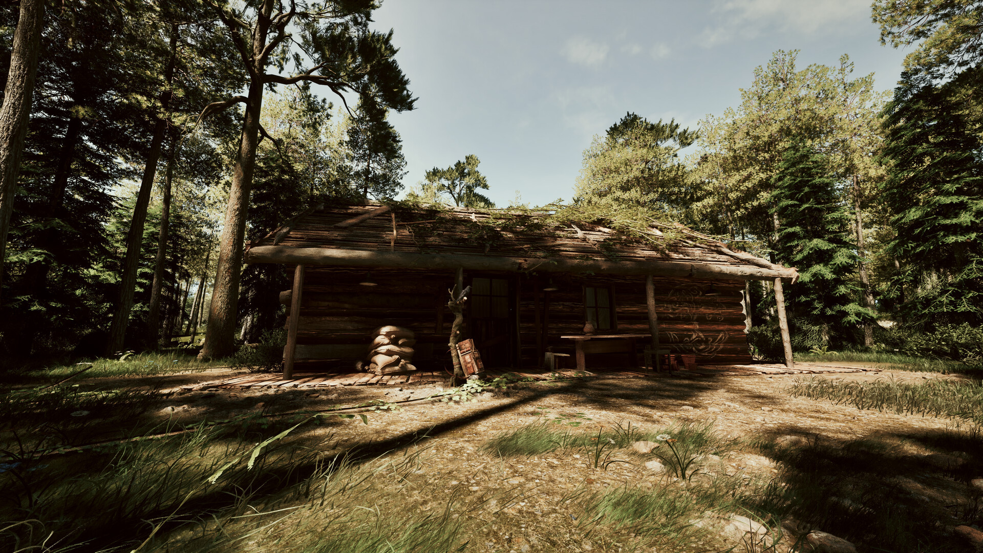 Grandpa's abandoned log cabin in the forest clearing, with stacked firewood and a carving visible on the porch.